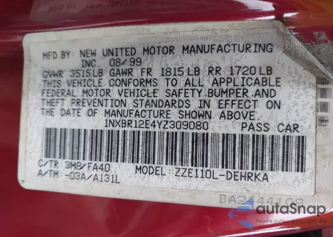 2000 Toyota Corolla Ve из США, поврежденный, VIN 1NXBR12E4YZ309080